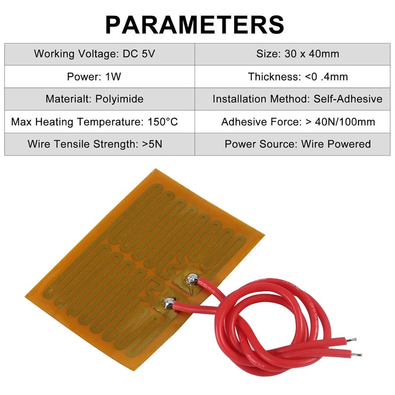 XIITIA 15pcs 30mmx40mm Film Heater Plate Adhesive Pad, PI Heating Elements Film 5V 1W Strip Heater Adhesive Polyimide Heater Plate (5V 1W 30mmx40mm) - Image 3